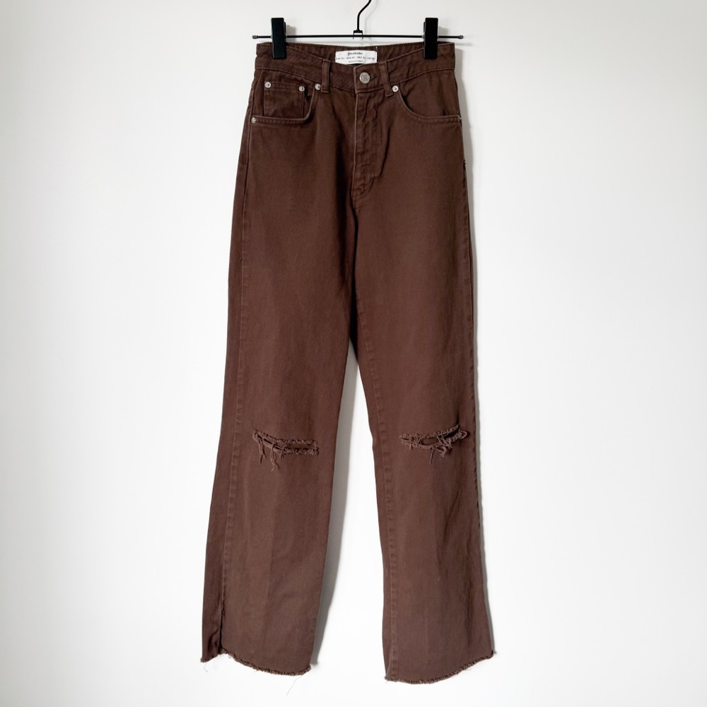 Stradivarius Brown Ripped Knee Wide Leg Jeans